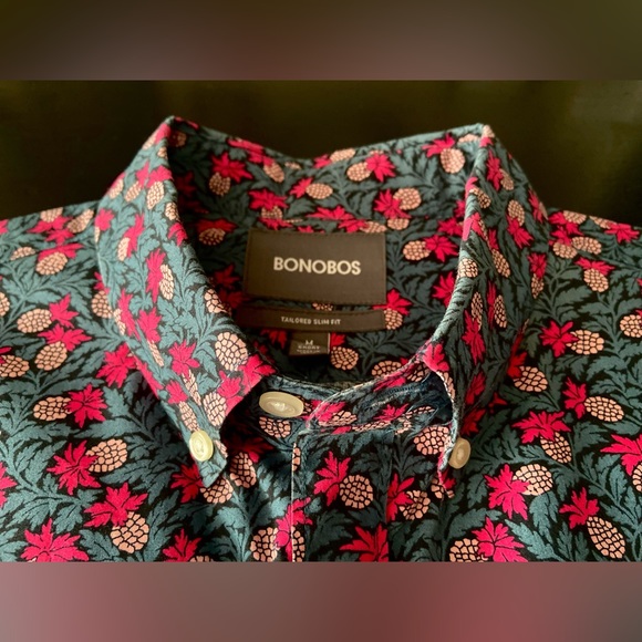 BONOBOS Tailored Slim Fit Tropical Pink Pineapple Cotton Shirt sz Medium Short - Picture 3 of 6